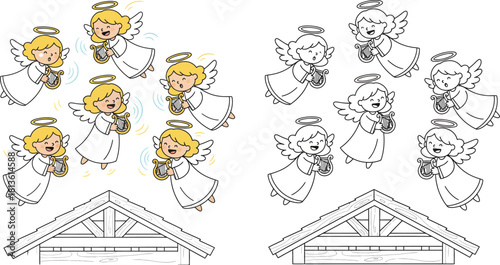 Cheerful Cartoon Angels with Harps Above a Stable Roof Colored and Line Art Set