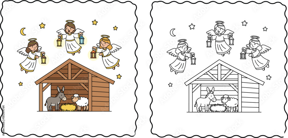 Obraz premium Nativity Stable Scene with Angels Animals and Lanterns Colored and Line Art Set
