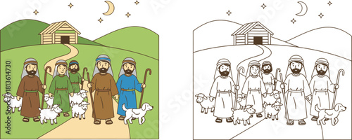 Shepherds with Sheep and Dog on a Path at Night Cartoon Illustration Set