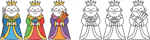Three Wise Men Cartoon Line Art for Kids Colorful Nativity Scene Illustration