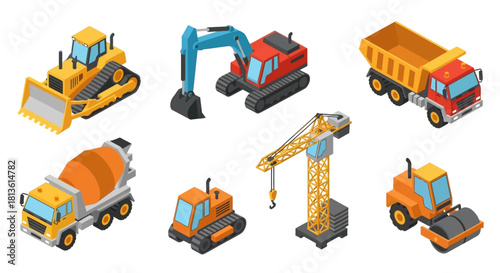 Flat Isometric Construction Vehicles and Machinery Set
