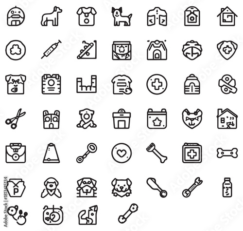 Dog and pet care essentials icon set featuring veterinary, grooming, and accessory symbols in a clean, minimalist line style