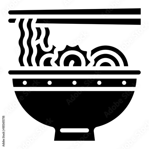 Ramen. This is a vector single icon with a solid style. It is suitable for various purposes, including website design, mobile app design, and logo design.