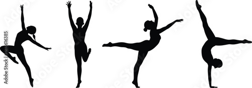“Elegant female dancer silhouettes performing artistic ballet and gymnastics poses in dynamic movement set as clean black vector illustration”