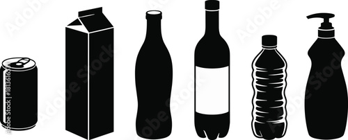 Collection of assorted beverage and liquid container silhouettes including can, carton, glass bottles, plastic bottle and pump dispenser packagin