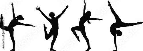 Dynamic dancer silhouettes performing expressive ballet and gymnastics poses in elegant movement set as clean black vector illustration