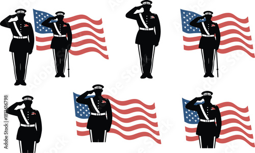 Patriotic military salute silhouette illustration with American flag, honoring soldiers, veterans, armed forces, memorial design, cad drawing flat vector illustration