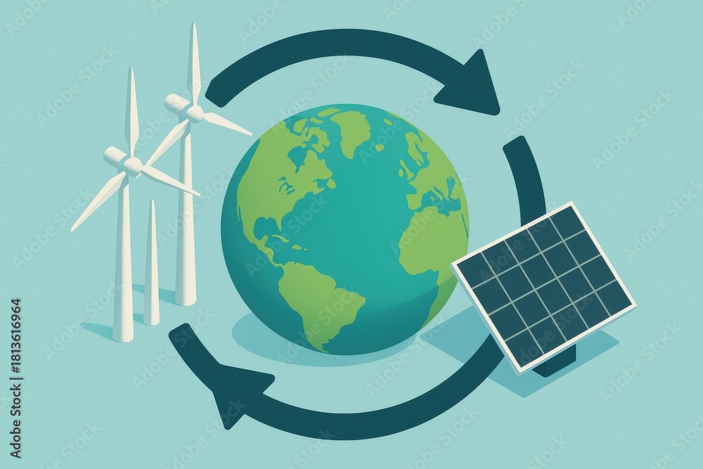 Naklejka premium Sustainable energy systems represented by wind turbines and solar panels in a circular economy framework emphasizing environmental innovation and renewable resources for a greener future