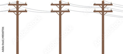 “Utility pole and electric power line vector illustration set, wooden transmission poles with cables for infrastructure design, engineering artwork, cad drawing flat vector illustration”