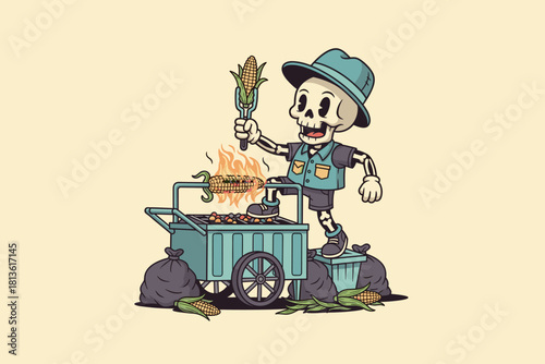 Skeleton vendor selling corn on the cob from a cart.