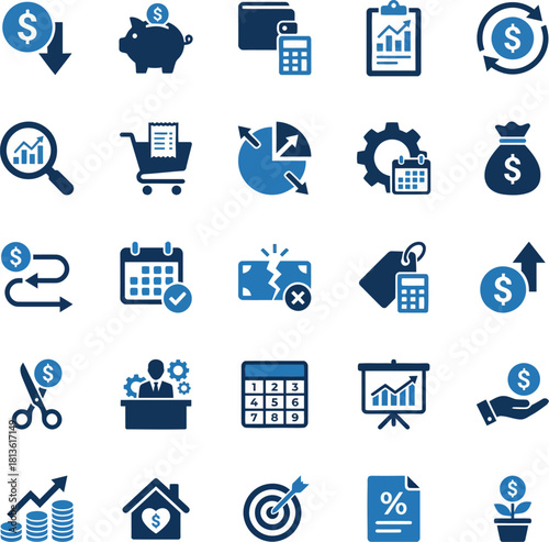 Budget and Finance Icons Set – 25 Blue Business, Accounting, Savings, Money Management Vector Symbols