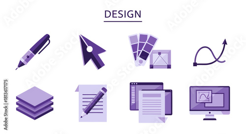A grid of eight purple graphic design tool icons under the word DESIGN