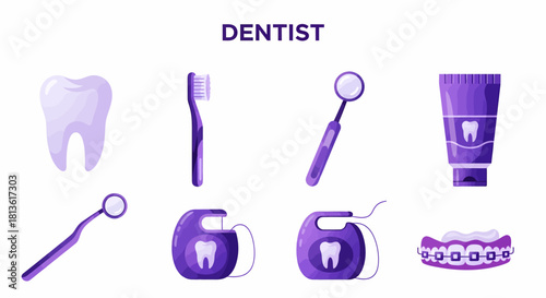 Collection of purple and white dental hygiene tools and tooth illustrations