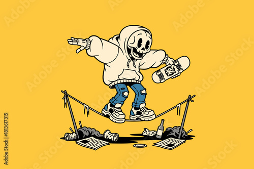 Skeleton Skateboarder Balancing on Tightrope with Urban Debris B
