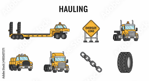 Collection of yellow and gray vector icons related to hauling and trucking including vehicles and equipment