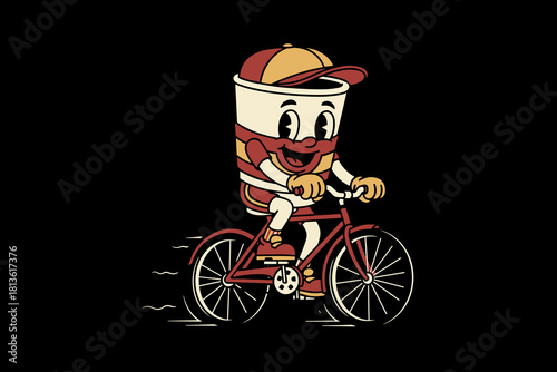Retro cartoon character cup riding a bicycle with a smile.