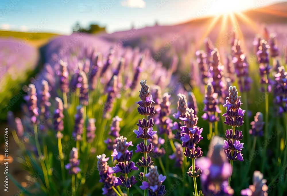 Obraz premium Sun-drenched lavender field, fragrant purple blossoms, scenic, nature