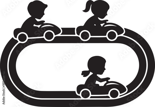 Kids' car race activity concept silhouette. three children joyfully driving toy cars on an oval track. playtime fun icon. Vector