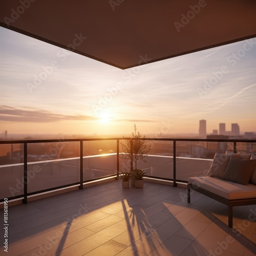 High elevation residential terrace overlooks expansive cityscape during brilliant sunset hour