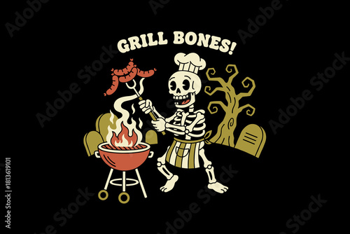 Skeleton Chef Grilling Sausages at a Barbecue.