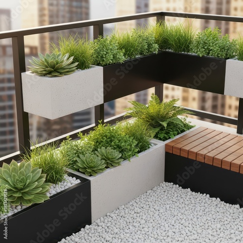 Modern elevated garden space features lush greenery in mixed planters overlooking an urban cityscape