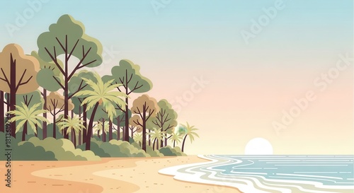 Tropical coastal landscape features dense foliage meeting the ocean during an early morning or late evening scene