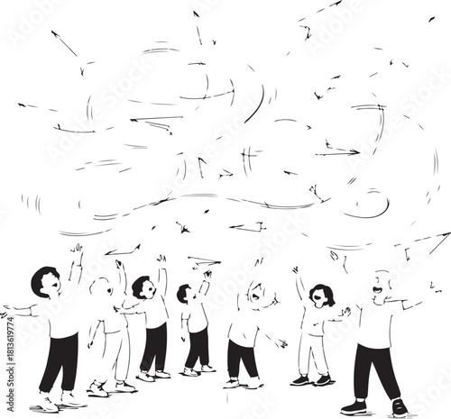 Cheerful group of kids and adult happily launching paper airplanes into a clear sky, symbolizing freedom, creativity, and aspiration. Vector