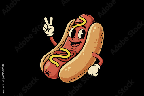 Happy Hot Dog Character Giving Peace Sign.