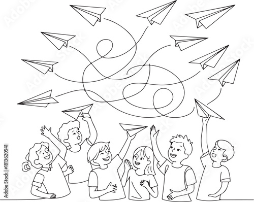 Happy children launch paper airplanes into the sky, symbolizing dreams, freedom, and youthful imagination, many planes soaring. Vector