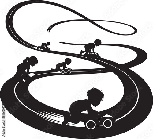 Black silhouette of children playing with toy cars on a winding road track, illustrating a journey of growth and development stages. Vector