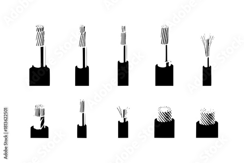 vector set of Electrical wire conductors icons set. Different types of electrical wires and cables showing copper or fiber optic cores for power and data transmission