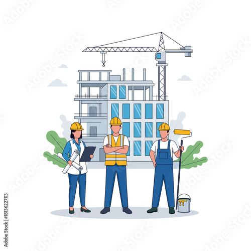 Diverse construction team: female architect, male builder, and painter standing at a building site with a crane and ongoing development