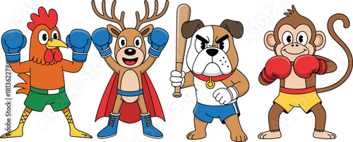 Funny cartoon animals in boxing and fighting poses, rooster, deer, dog, monkey characters, sports illustration, vector art, mascot design, teamwork, competition