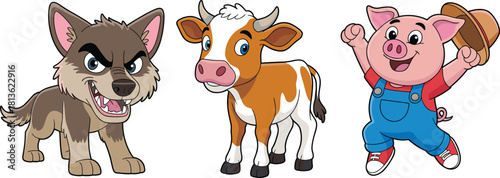Cute cartoon wolf cow and pig characters, funny farm and fairy tale animals vector illustration for kids learning and animation design