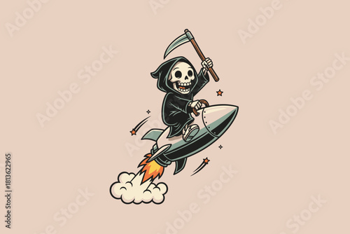 Grim Reaper Riding Rocketship with Scythe.