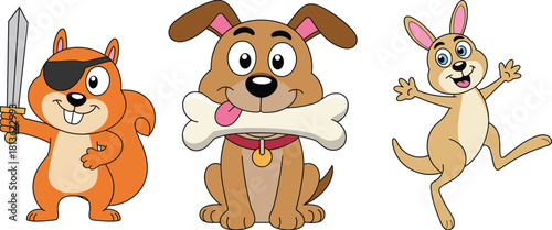 Cute cartoon squirrel pirate with sword, happy dog holding bone, and jumping kangaroo vector illustration for kids and animals design