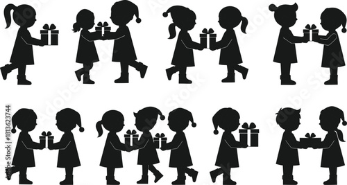 Children exchanging gifts silhouette, kids giving presents, festive holiday illustration, friendship gesture icons, Christmas gift exchange figures, black vector design elements