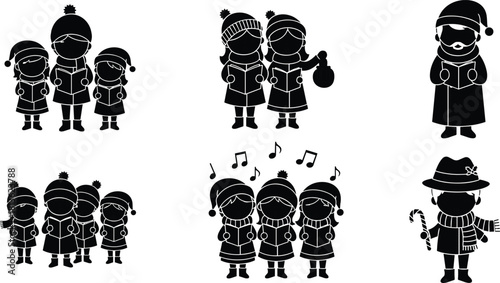 Christmas caroling children silhouettes, festive winter holiday singers, cute kid characters singing songs, black vector illustration for seasonal design, celebration artwork, joyful music scene