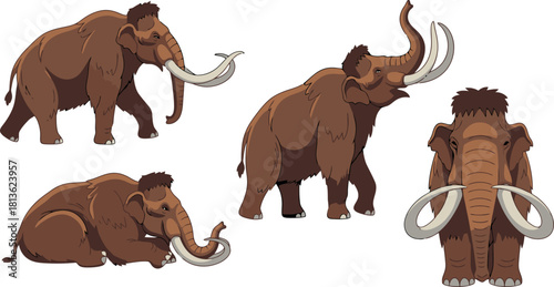 Various Woolly Mammoths in Different Poses on White Background.