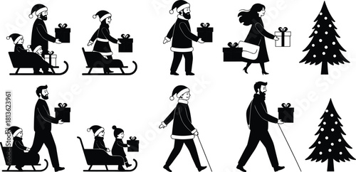 Christmas family silhouettes carrying gifts and pulling children on sleds with festive holiday walking scenes and decorated trees in winter season illustration design