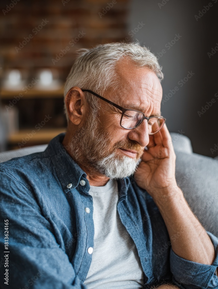 Fototapeta premium side view of senior man with symptom of hearing loss mature man sitting on couch with fingers near ear suffering pain no logos no brands ar 34