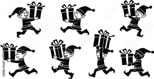 Cute christmas elves running with gifts, happy holiday elf characters, festive winter vector design, santa’s little helpers carrying presents, joyful christmas celebration illustration