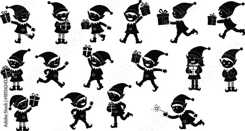 Cute Christmas elves silhouettes holding gifts, joyful holiday elf characters, festive winter design elements, Santa’s little helpers, Christmas celebration vector art, happy elf illustration