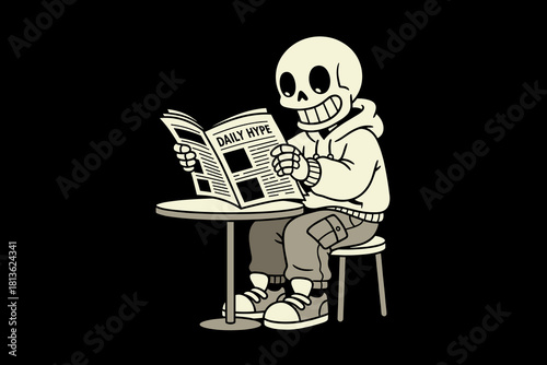 Skeleton reading newspaper at a table with a smile.