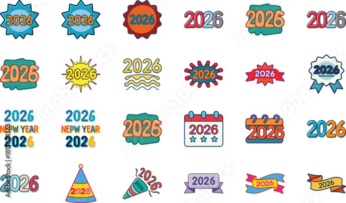 Colorful 2026 typography icons and festive celebration badges set – New Year 2026 decorative numbers, holiday labels, vibrant graphic elements collection for greeting cards, digital design and print t