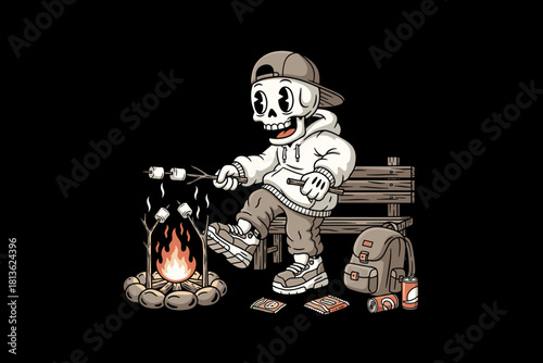 Skeleton character roasting marshmallows by campfire wearing cas
