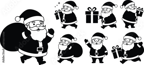 Cute Santa Claus cartoon illustration, Christmas gift delivery, festive holiday background, jolly Santa with presents, winter celebration clipart, Merry Christmas design, cheerful seasonal artwork