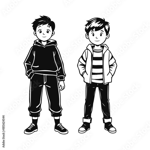 Cartoon boys in casual clothes, wearing a hoodie and jacket, standing with their hands in their pockets. Cartoon boys, vector children, casual clothes, standing pose