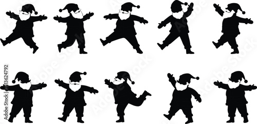 Santa Claus silhouette poses collection, festive Christmas vector illustration of dancing Santa characters, cheerful holiday celebration art for greeting card, decoration, and design inspiration