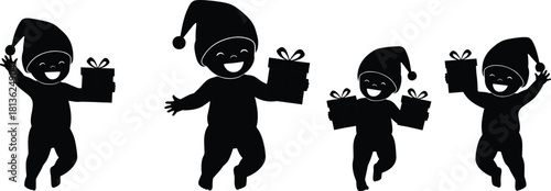 Set of Four Cute Baby Silhouettes Wearing Santa Elf Hats, Happily Holding Christmas Gift Boxes, Representing Holiday Cheer, Newborn Celebration, and Festive Winter Season Fun